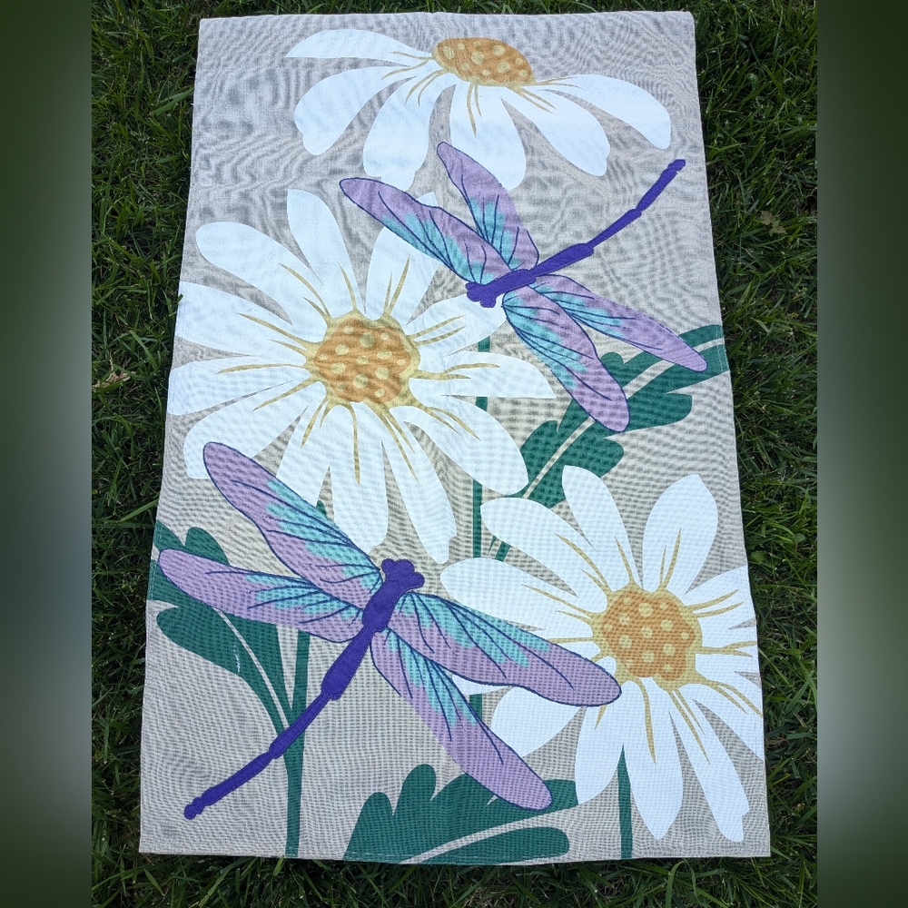 Dragonfly Flower 28x40 House Porch Garden Flag Full Size Large Canvas Evergreen